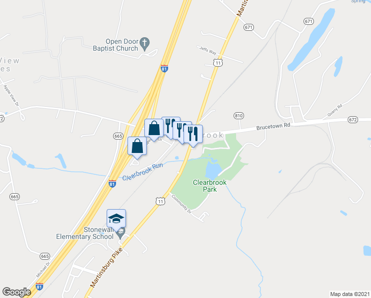 map of restaurants, bars, coffee shops, grocery stores, and more near 3381 Martinsburg Pike in Clear Brook