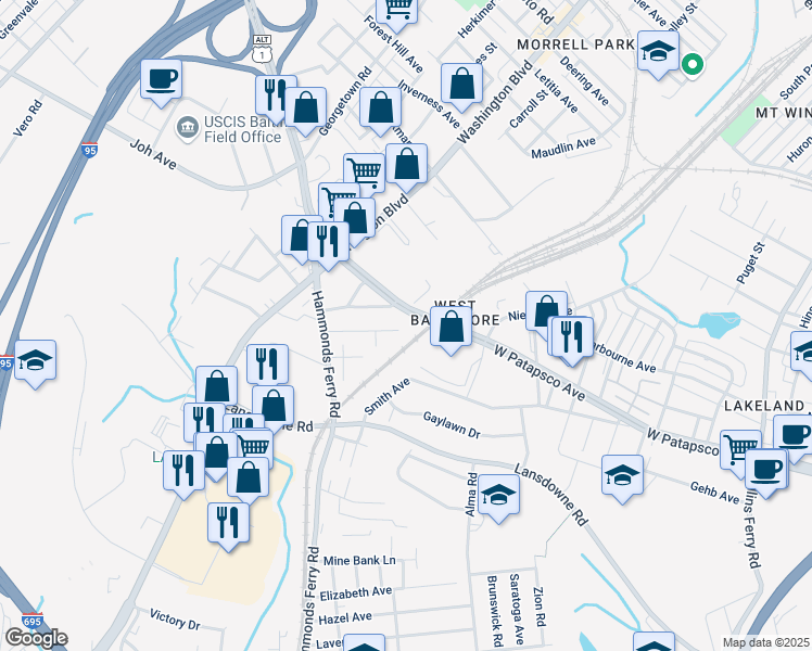 map of restaurants, bars, coffee shops, grocery stores, and more near 3209 Rosalie Road in Halethorpe