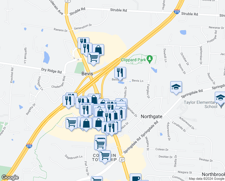 map of restaurants, bars, coffee shops, grocery stores, and more near 3628 Sweetwood Court in Cincinnati