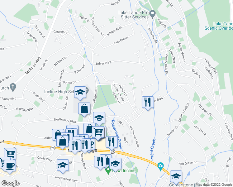 map of restaurants, bars, coffee shops, grocery stores, and more near 920 Wendy Lane in Incline Village