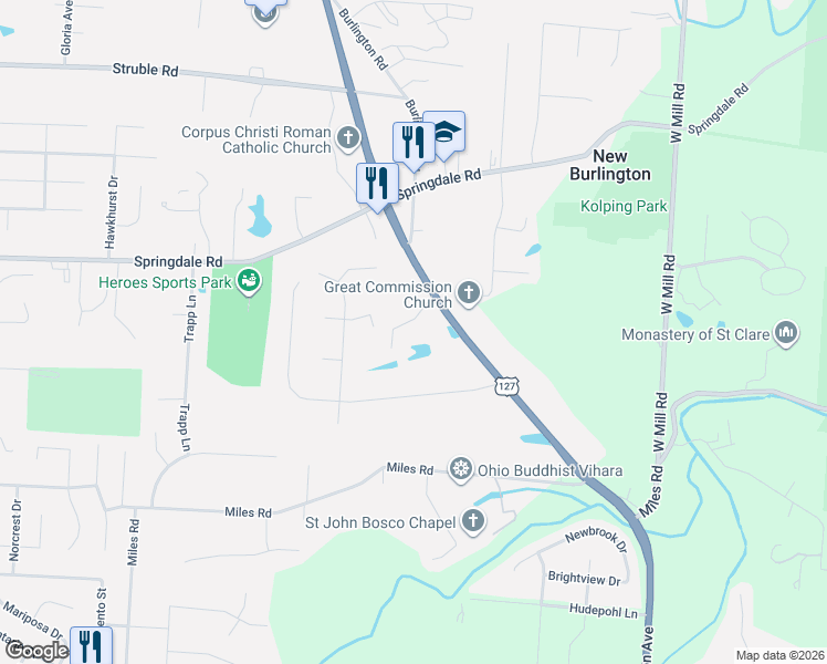 map of restaurants, bars, coffee shops, grocery stores, and more near 10211 Hamilton Avenue in Cincinnati