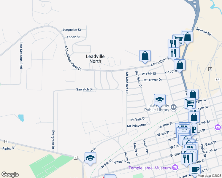 map of restaurants, bars, coffee shops, grocery stores, and more near 1601 Mount Evans Drive in Leadville