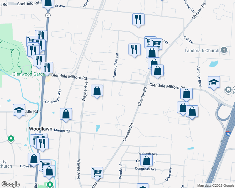 map of restaurants, bars, coffee shops, grocery stores, and more near 779 Glendale Milford Road in Cincinnati