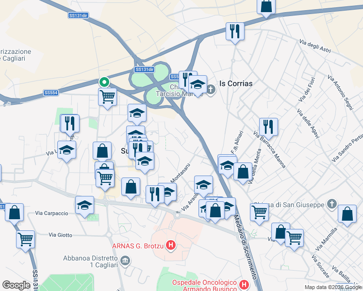 map of restaurants, bars, coffee shops, grocery stores, and more near 73 Via Montanaru in Su Planu
