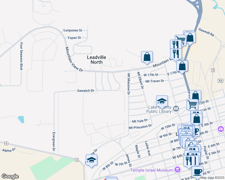 map of restaurants, bars, coffee shops, grocery stores, and more near 1601 Mount Evans Drive in Leadville