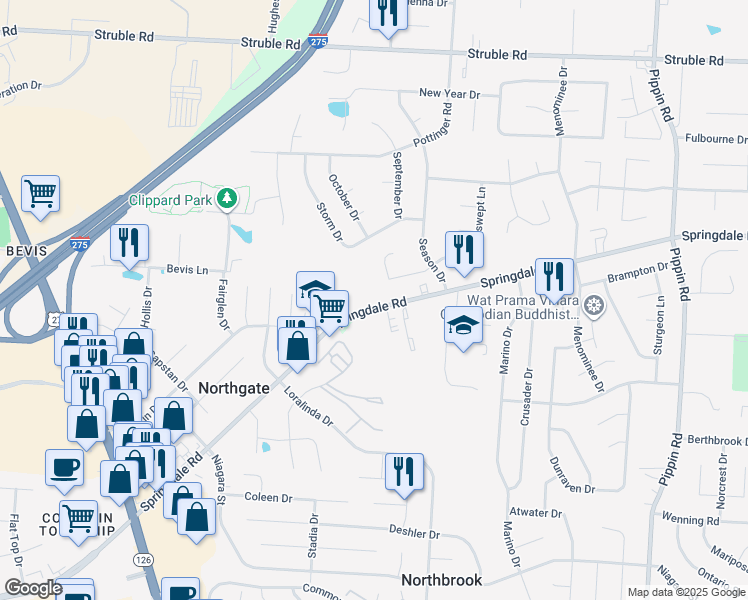 map of restaurants, bars, coffee shops, grocery stores, and more near 3260 Springdale Road in Cincinnati