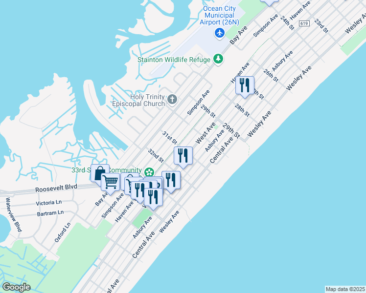 map of restaurants, bars, coffee shops, grocery stores, and more near 207 31st Street in Ocean City