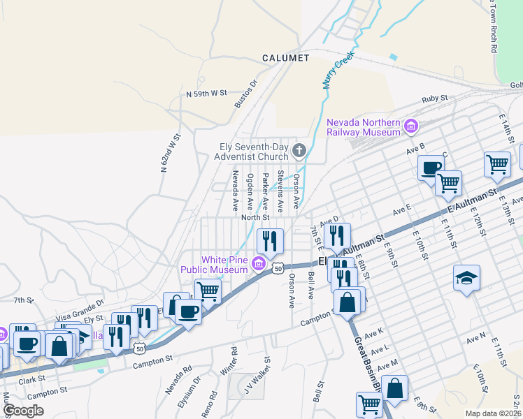 map of restaurants, bars, coffee shops, grocery stores, and more near 405 Parker Avenue in Ely