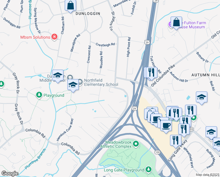 map of restaurants, bars, coffee shops, grocery stores, and more near Northfield Road in Ellicott City