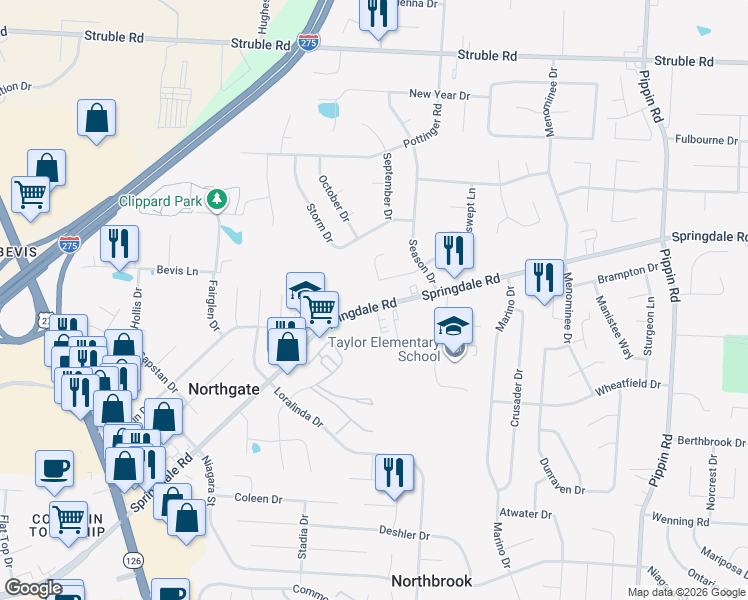 map of restaurants, bars, coffee shops, grocery stores, and more near 10062 Windswept Lane in Cincinnati
