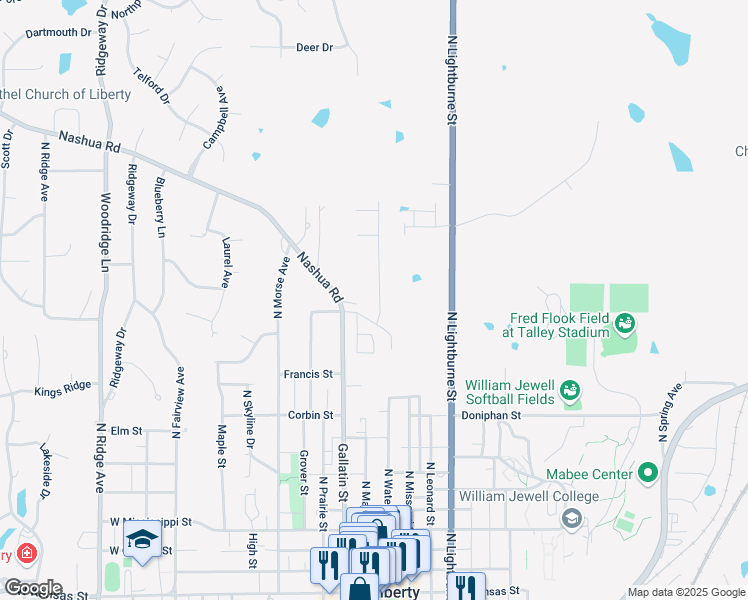 map of restaurants, bars, coffee shops, grocery stores, and more near 704 Cosby Street in Liberty