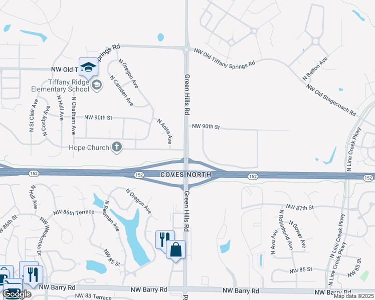 map of restaurants, bars, coffee shops, grocery stores, and more near Northwest 88th Street in Kansas City
