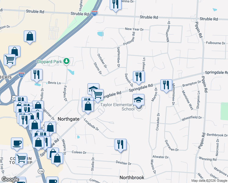 map of restaurants, bars, coffee shops, grocery stores, and more near 10062 Windswept Lane in Cincinnati