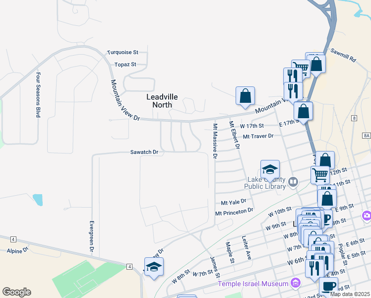 map of restaurants, bars, coffee shops, grocery stores, and more near 1612 Mount Evans Drive in Leadville