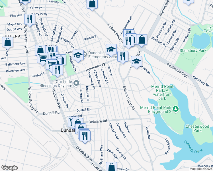 map of restaurants, bars, coffee shops, grocery stores, and more near 2978 Cornwall Road in Dundalk