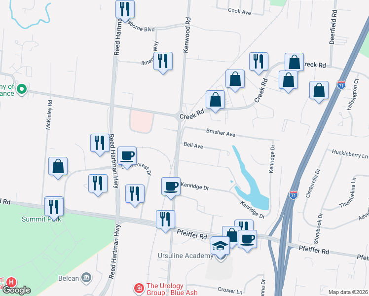 map of restaurants, bars, coffee shops, grocery stores, and more near 4910 Bell Avenue in Blue Ash