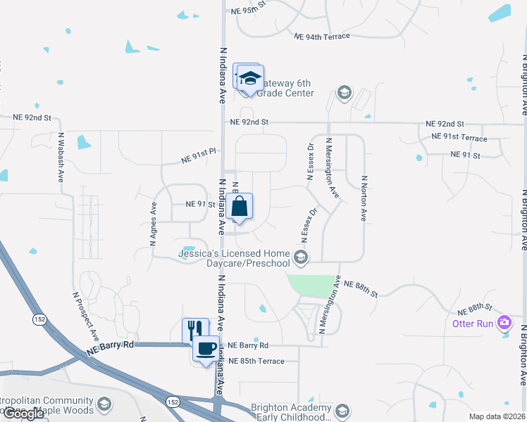 map of restaurants, bars, coffee shops, grocery stores, and more near 9023 North Askew Avenue in Kansas City