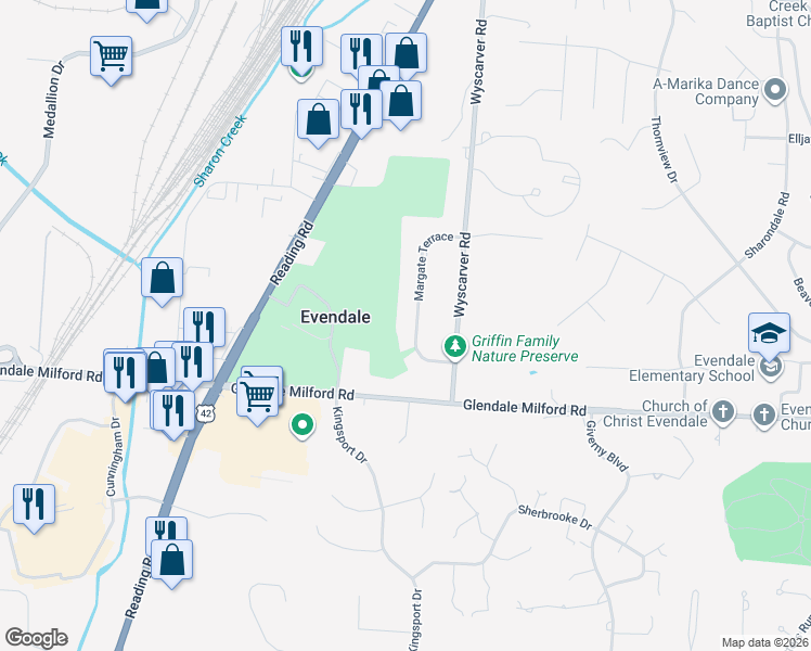 map of restaurants, bars, coffee shops, grocery stores, and more near 10515 Margate Terrace in Cincinnati