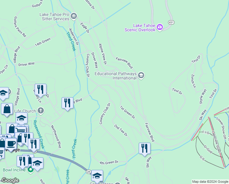 map of restaurants, bars, coffee shops, grocery stores, and more near 477 1st Green Drive in Incline Village