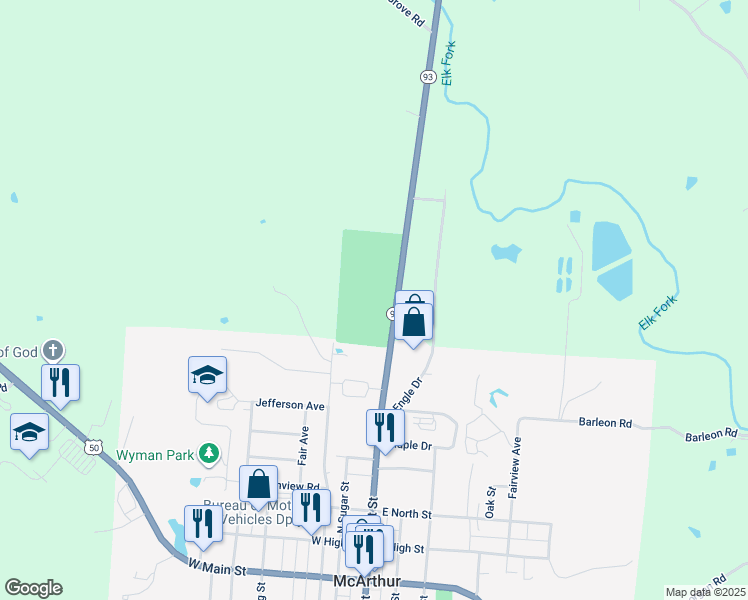 map of restaurants, bars, coffee shops, grocery stores, and more near 32121 Ohio 93 in McArthur
