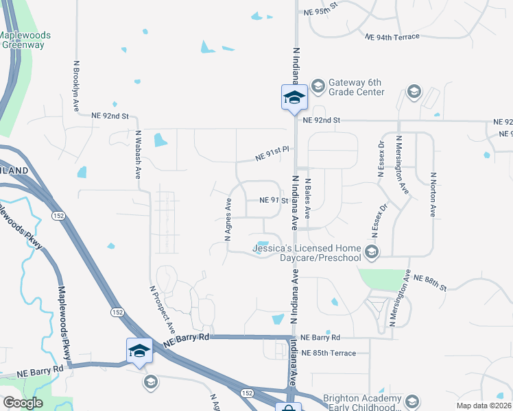 map of restaurants, bars, coffee shops, grocery stores, and more near 9105 North Bellefontaine Avenue in Kansas City