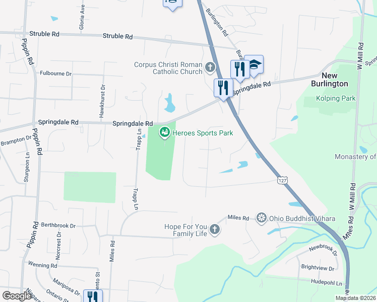 map of restaurants, bars, coffee shops, grocery stores, and more near 2129 Greenpine Drive in Cincinnati