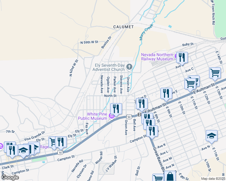 map of restaurants, bars, coffee shops, grocery stores, and more near 499 Stevens Avenue in Ely