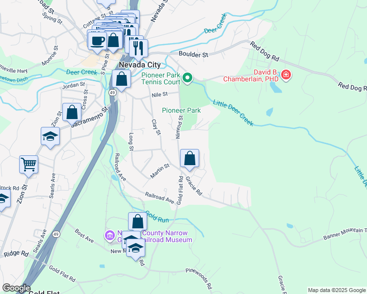 map of restaurants, bars, coffee shops, grocery stores, and more near 505 Nimrod Street in Nevada City