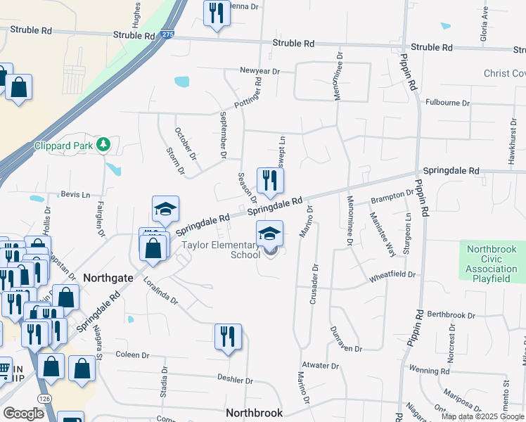 map of restaurants, bars, coffee shops, grocery stores, and more near 3180 Springdale Road in Cincinnati