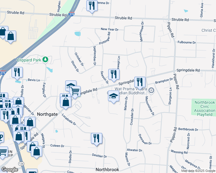 map of restaurants, bars, coffee shops, grocery stores, and more near 3180 Springdale Road in Cincinnati