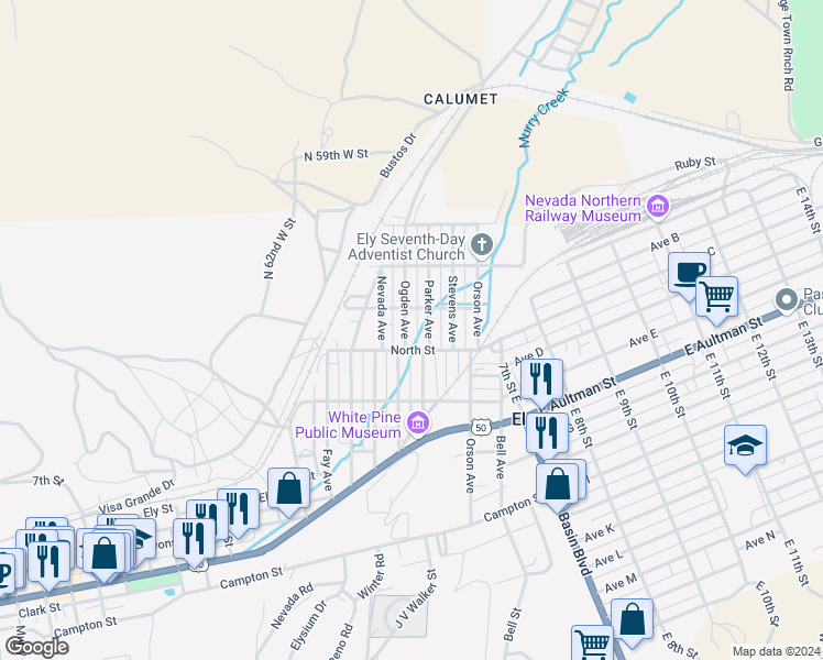 map of restaurants, bars, coffee shops, grocery stores, and more near 450 Ogden Avenue in Ely