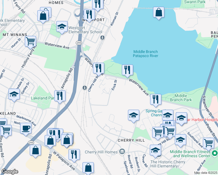 map of restaurants, bars, coffee shops, grocery stores, and more near 2510 Erick Street in Baltimore