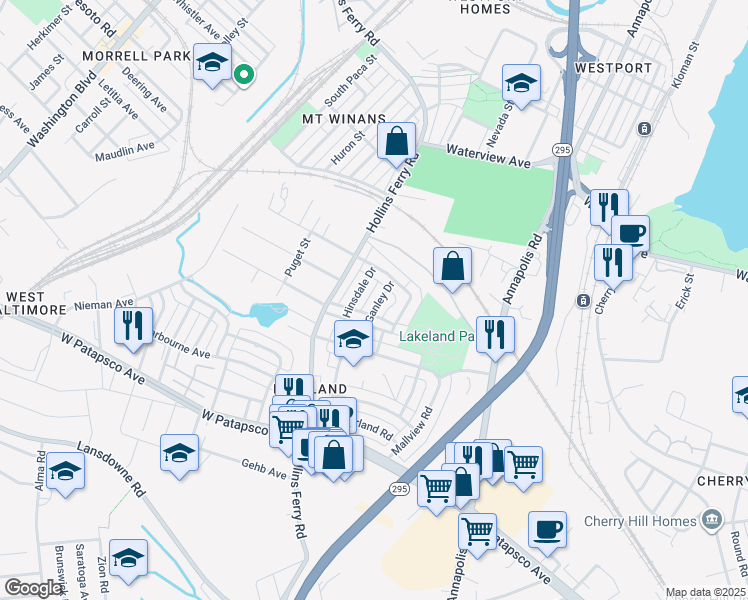 map of restaurants, bars, coffee shops, grocery stores, and more near 2818 Ganley Drive in Baltimore
