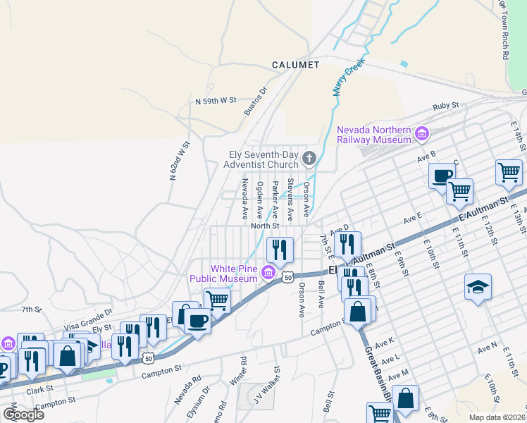 map of restaurants, bars, coffee shops, grocery stores, and more near 450 Ogden Avenue in Ely