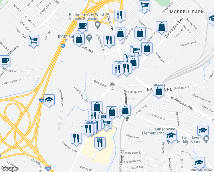 map of restaurants, bars, coffee shops, grocery stores, and more near 1721 Wilson Avenue in Halethorpe