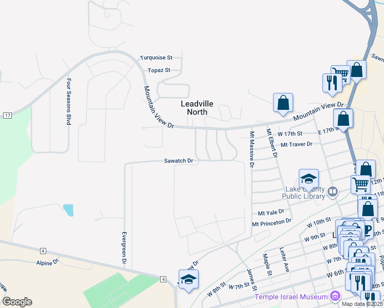 map of restaurants, bars, coffee shops, grocery stores, and more near 1613 Mount Lincoln Drive East in Leadville