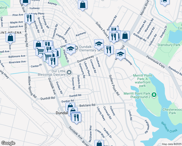 map of restaurants, bars, coffee shops, grocery stores, and more near 2961 Liberty Parkway in Dundalk