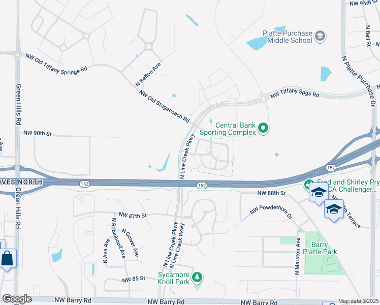 map of restaurants, bars, coffee shops, grocery stores, and more near 3151 Northwest 90th Street in Kansas City