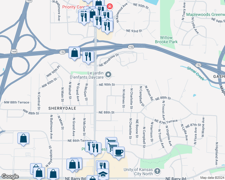 map of restaurants, bars, coffee shops, grocery stores, and more near 8917 North Cherry Street in Kansas City
