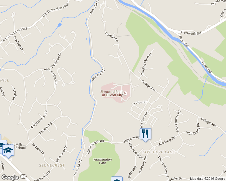 map of restaurants, bars, coffee shops, grocery stores, and more near 4189 New Cut Road in Ellicott City