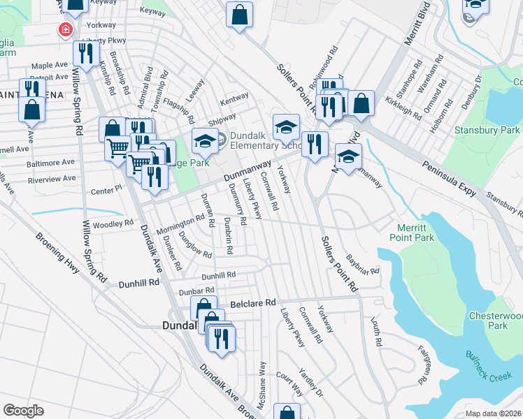 map of restaurants, bars, coffee shops, grocery stores, and more near 2951 Liberty Parkway in Dundalk
