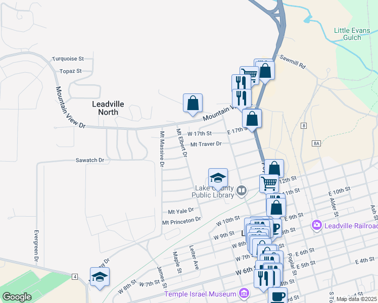 map of restaurants, bars, coffee shops, grocery stores, and more near 1520 Mount Elbert Drive in Leadville
