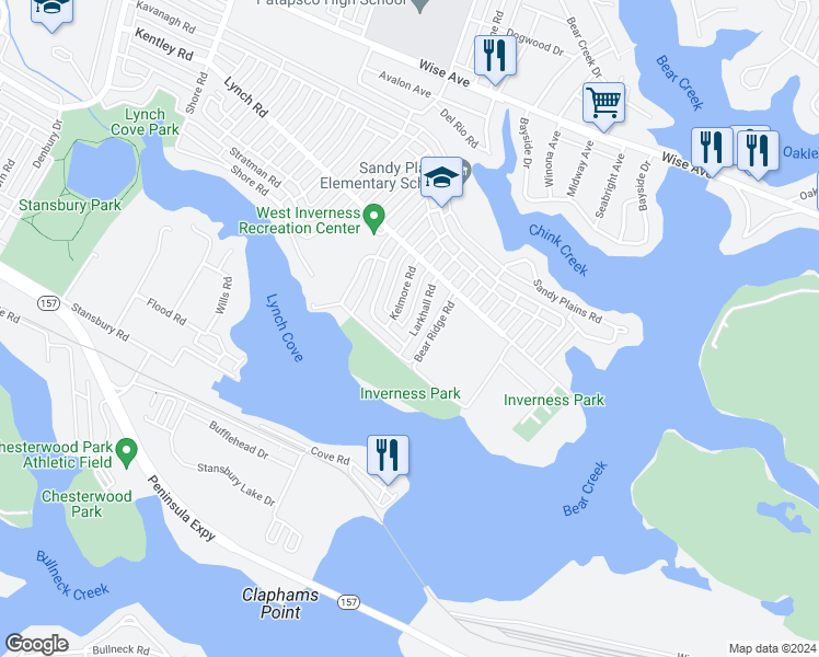 map of restaurants, bars, coffee shops, grocery stores, and more near 2068 Larkhall Road in Dundalk