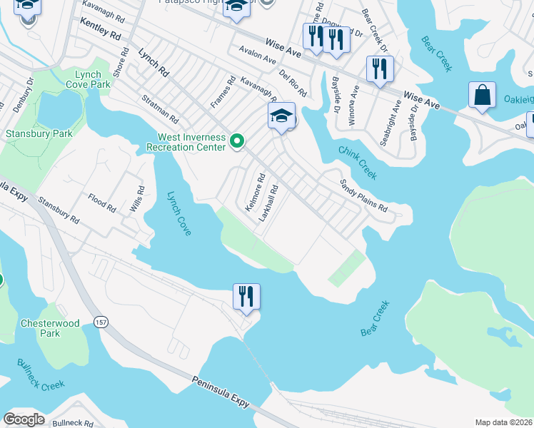 map of restaurants, bars, coffee shops, grocery stores, and more near 2071 Larkhall Road in Dundalk