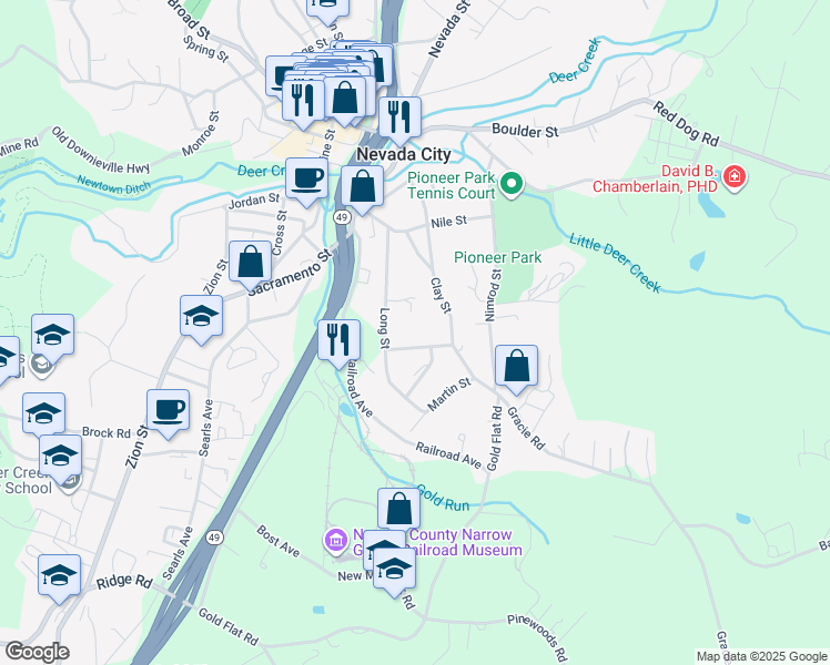 map of restaurants, bars, coffee shops, grocery stores, and more near 20 Turpentine Drive in Nevada City