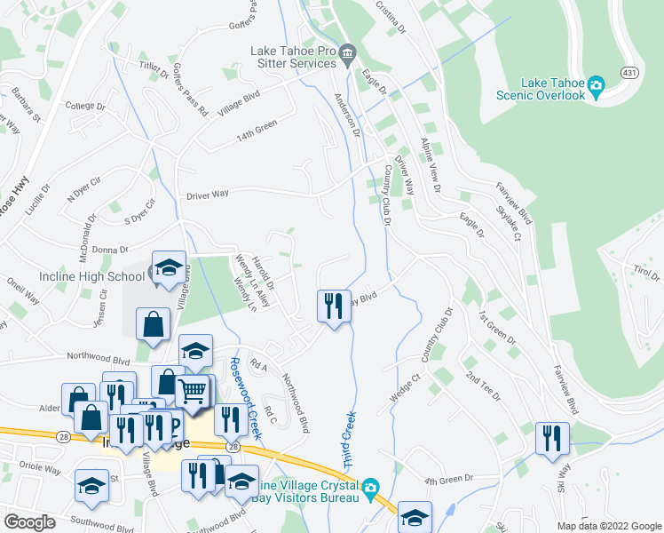 map of restaurants, bars, coffee shops, grocery stores, and more near 954 Fairway Boulevard in Incline Village