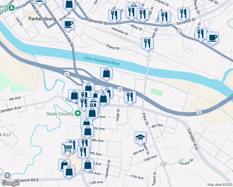 map of restaurants, bars, coffee shops, grocery stores, and more near 2211 4th Avenue in Parkersburg