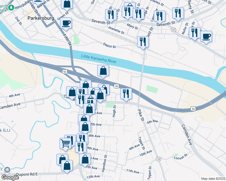 map of restaurants, bars, coffee shops, grocery stores, and more near 2211 4th Avenue in Parkersburg