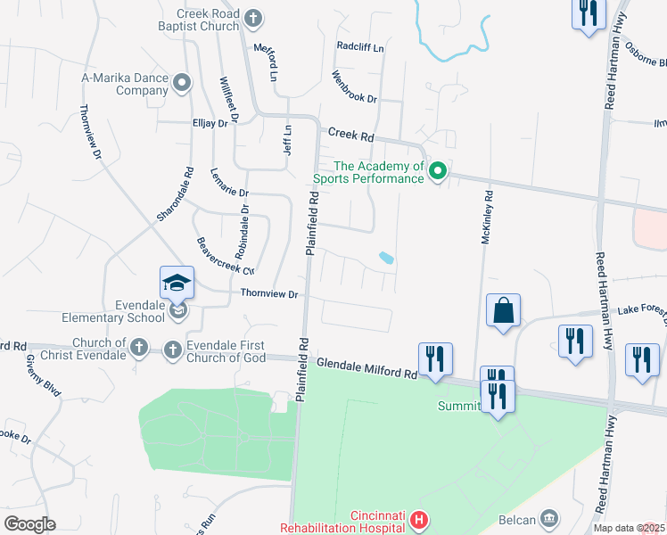 map of restaurants, bars, coffee shops, grocery stores, and more near 10522 Adirondack Way in Cincinnati