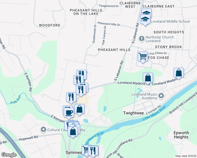 map of restaurants, bars, coffee shops, grocery stores, and more near 200 Wildwood Court in Loveland